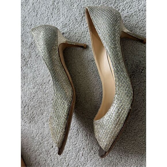EUC Jimmy Choo Isabel Champagne Glitter Peep-Toe Pumps, Sz 39, $795 - Picture 6 of 11